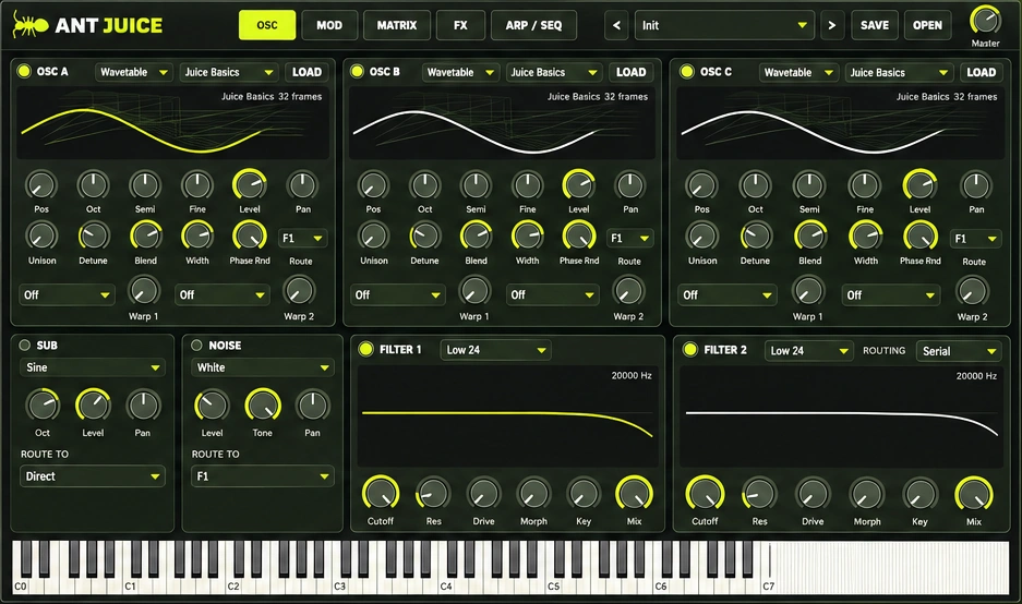 ANT JUICE synthesizer interface with three oscillators, filters and keyboard