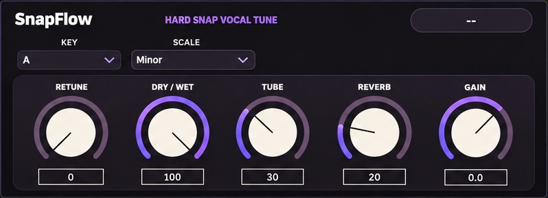 SnapFlow default interface: A minor, retune 0, dry/wet 100, tube 30, reverb 20, gain 0.0